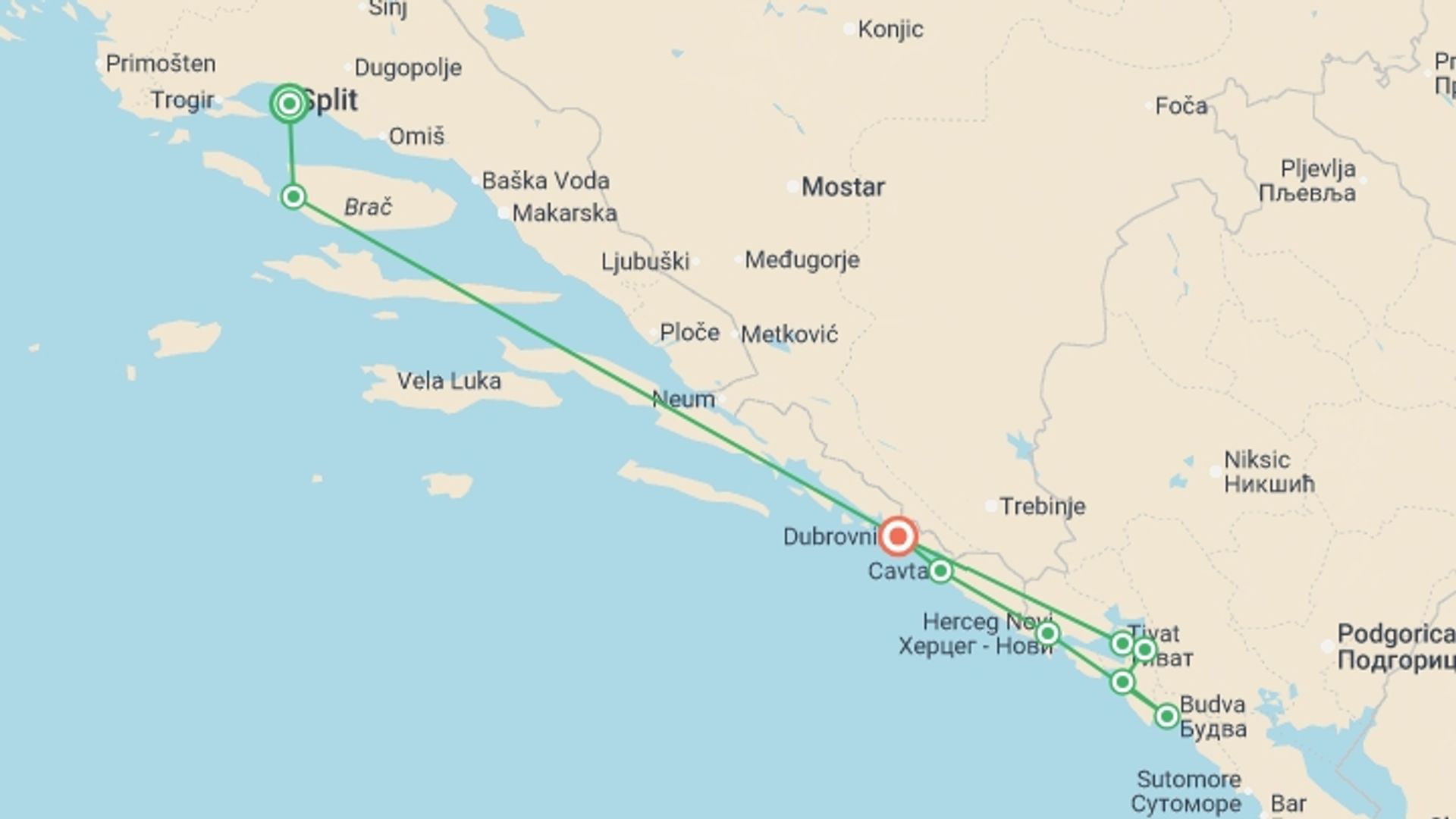 A map showing the tour itinerary for the trip: Dalmatian Coast & Montenegro Sailing, starting in Split, Croatia and ending in Dubrovnik, Croatia going through 7 other destinations.