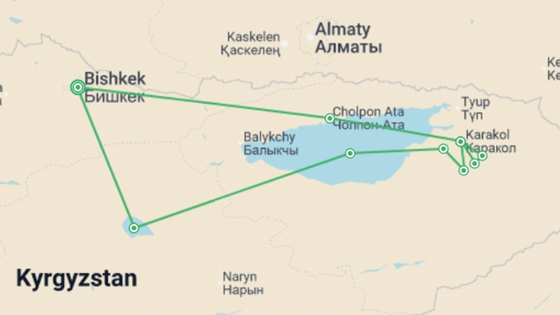 A map showing the tour itinerary for the trip: Kyrgyzstan & the Tian Shan Mountains, starting in Bishkek, Kyrgyzstan and ending in Bishkek, Kyrgyzstan going through 8 other destinations.