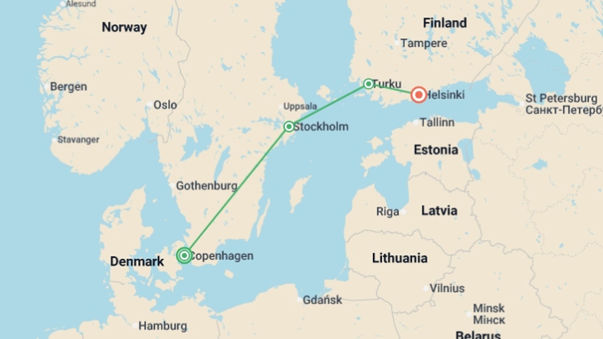 A map showing the tour itinerary for the trip: Jewels of Scandinavia End Helsinki, starting in Copenhagen, Denmark and ending in Helsinki, Finland going through 2 other destinations.