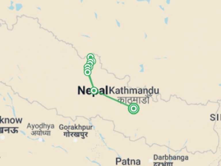 Map itinerary of Nepal Tour in Winter with 11 destination visits for the trip: Upper Mustang Trek