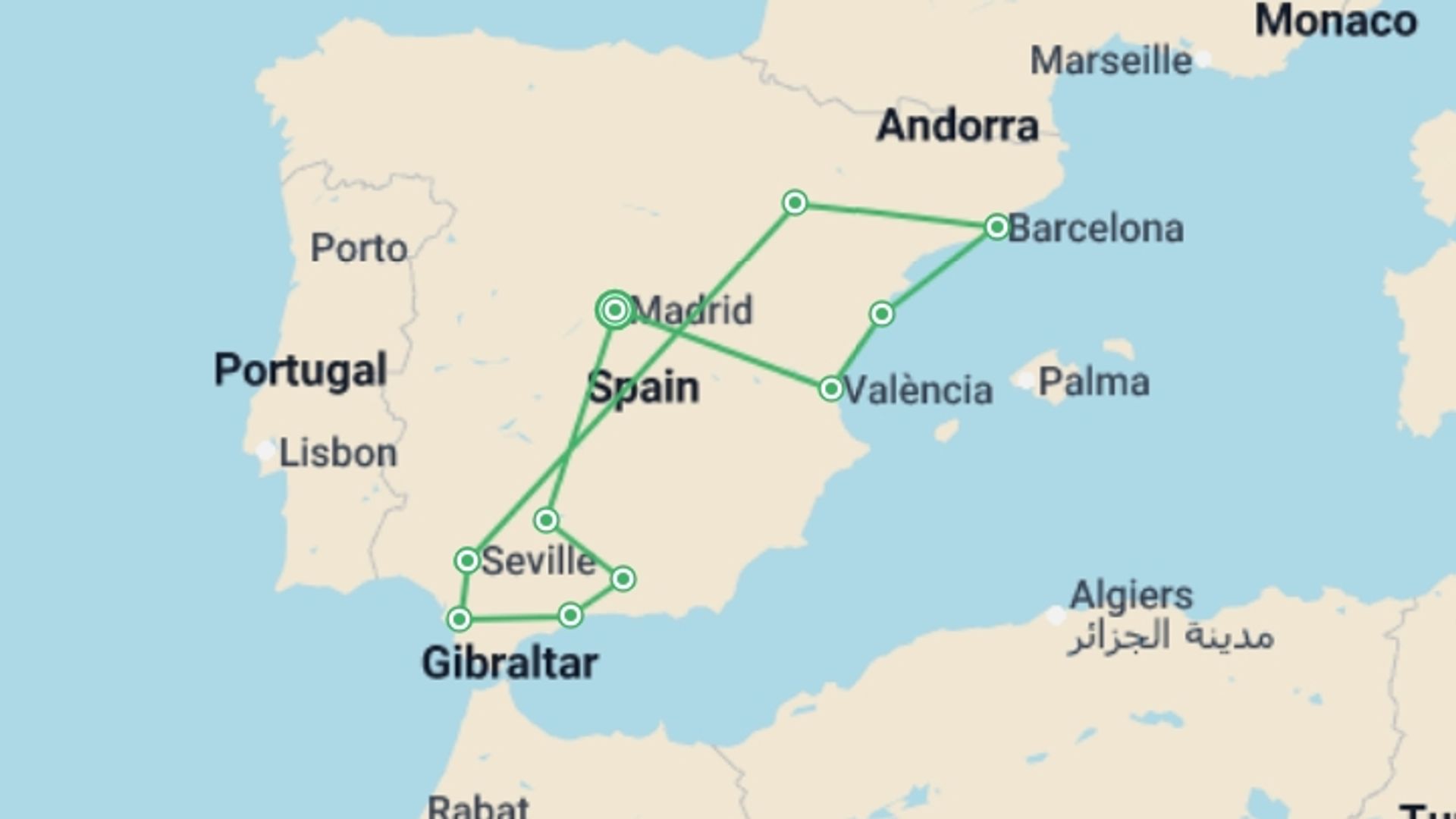 A map showing the tour itinerary for the trip: Ultimate Andalusia, starting in Madrid, Spain and ending in Madrid, Spain going through 7 other destinations.