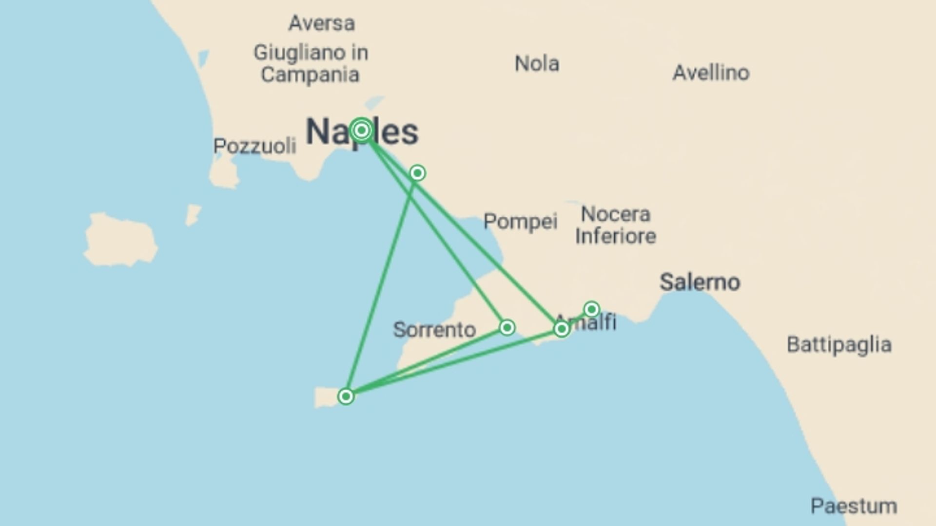 A map showing the tour itinerary for the trip: Amalfi Coast Walking - Hotel Risorgimento, starting in Naples, Italy and ending in Naples, Italy going through 2 other destinations.