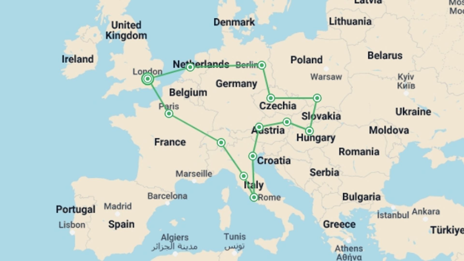 A map showing the tour itinerary for the trip: Get Social: Central & Eastern Europe (Winter), starting in London, England and ending in London, England going through 12 other destinations.