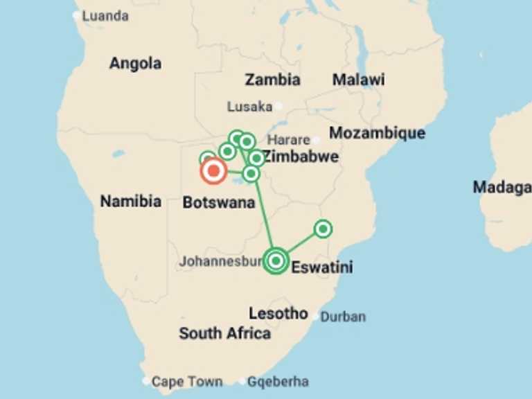 Map of Africa Tour with 8 destination visits for the trip: Ultimate African Safari: Kruger, Hwange, Chobe, & the Okavango Delta