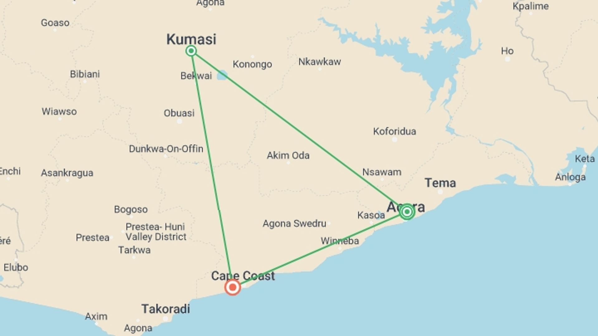 A map showing the tour itinerary for the trip: Ghana Heritage and Historical Tour, starting in Accra, Ghana and ending in Elmina, ghana going through 1 other destinations.