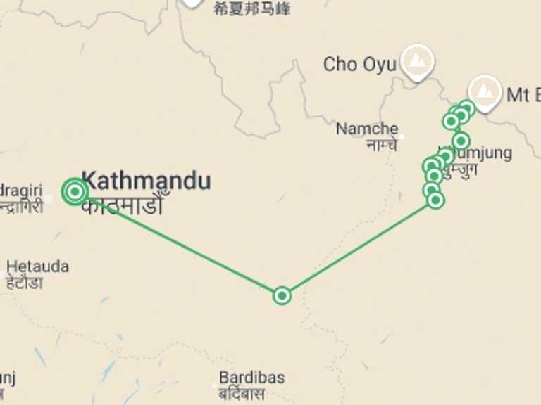 Map itinerary of Nepal Tour in February 2027 with 12 destination visits for the trip: Everest Base Camp Trek in Comfort
