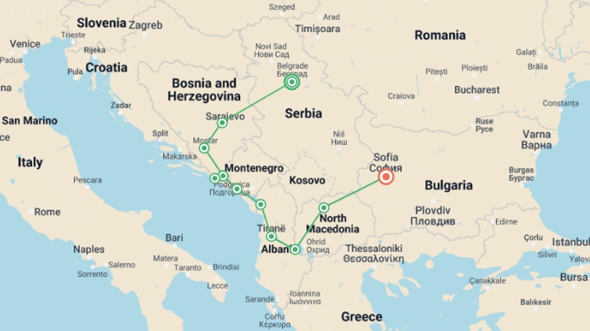 A map showing the tour itinerary for the trip: Balkan Discovery from Belgrade (4 Star Hotels), starting in Belgrade, Serbia and ending in Sofia, Bulgaria going through 5 other destinations.