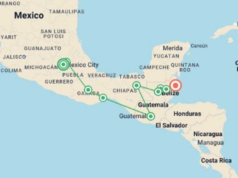 Map itinerary of Mexico City Tour in October 2026 with 11 destination visits for the trip: Contrasts of Mexico