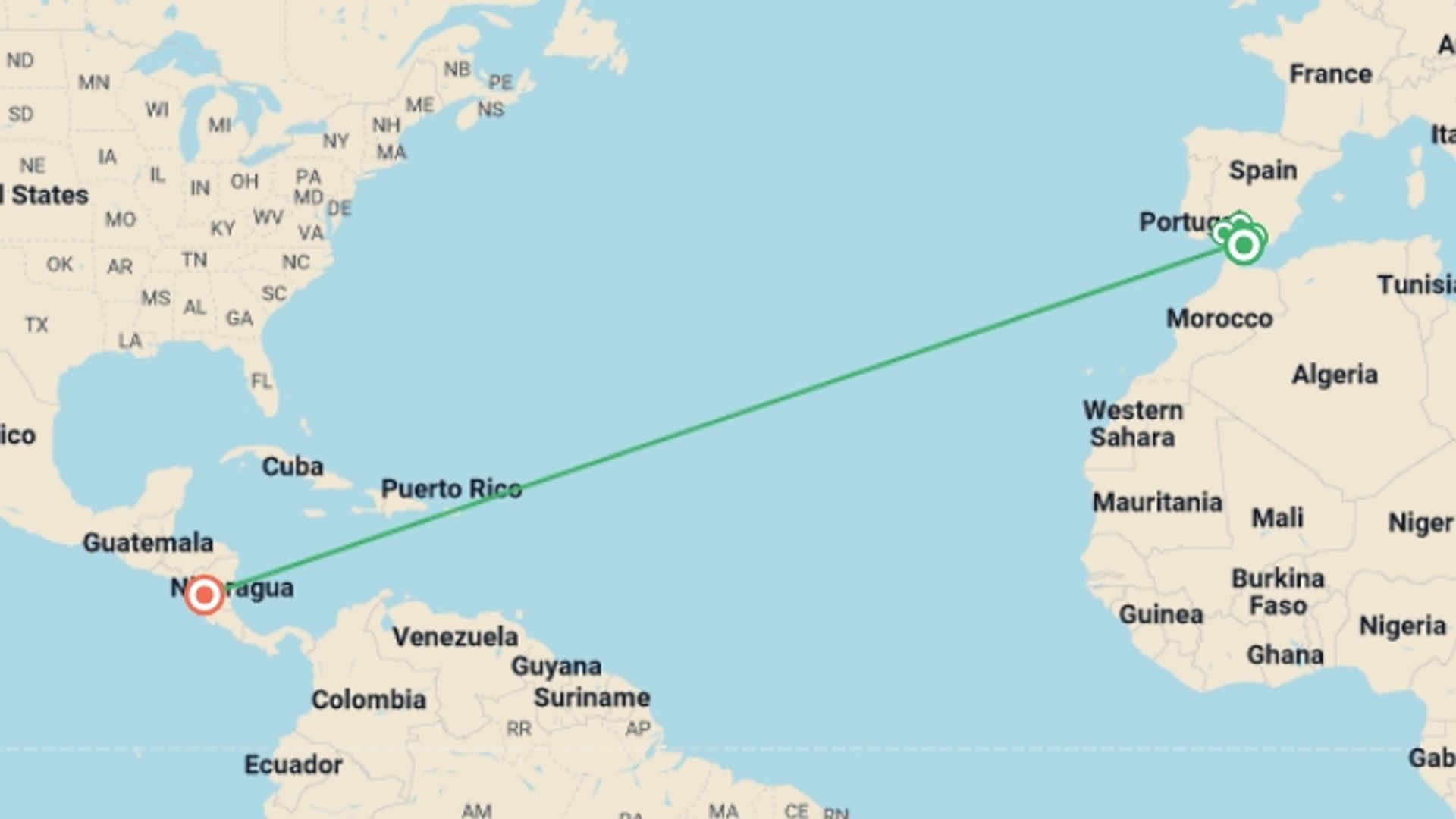 A map showing the tour itinerary for the trip: Awesome Andalucia - 8 days, starting in Malaga, Spain and ending in Granada, Costa Rica going through 1 other destinations.