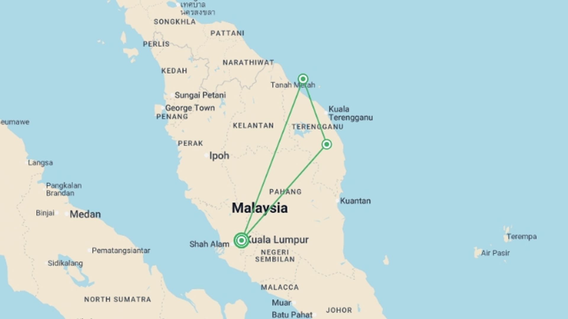 A map showing the tour itinerary for the trip: Kuala Lumpur & Beach - 13 days, starting in Kuala Lumpur, Malaysia and ending in Kuala Lumpur, Malaysia going through 2 other destinations.