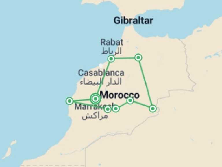 Map of 15-Day Marrakech Tour with 9 destination visits for the trip: Highlights of Morocco - In Comfort