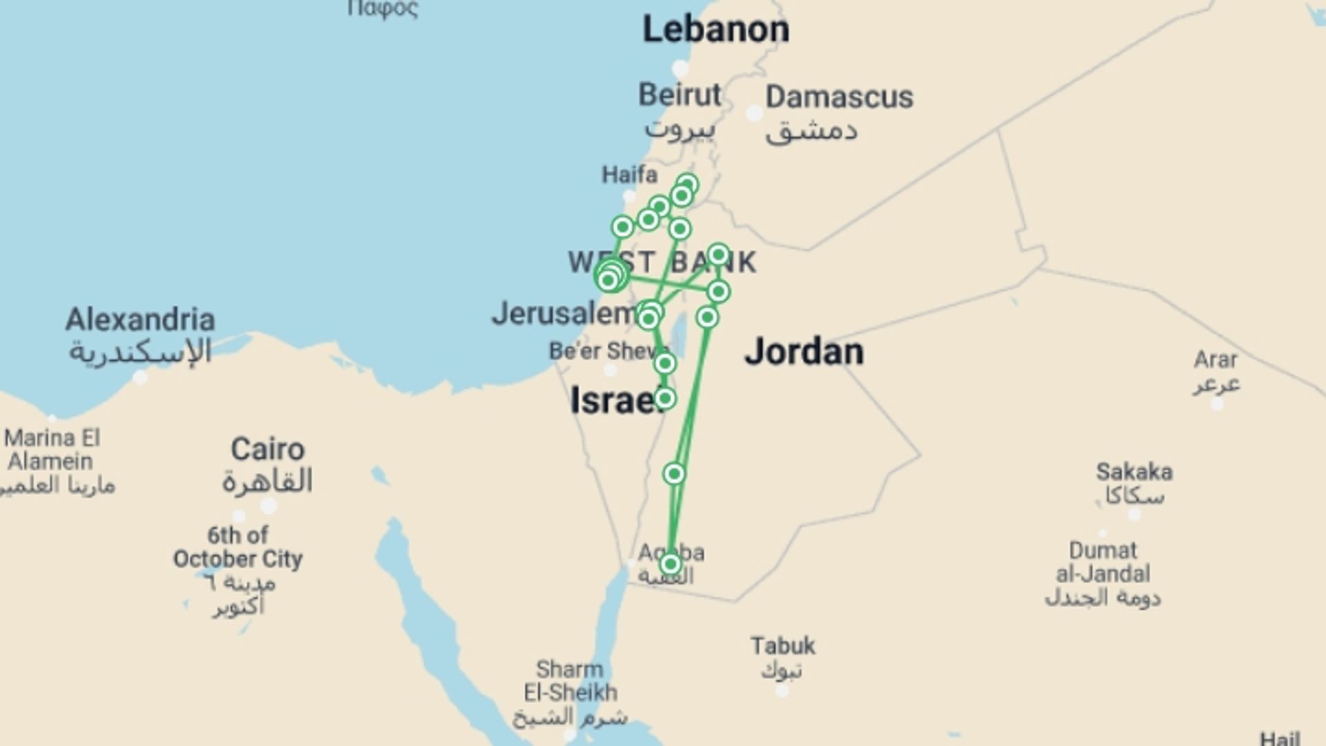 A map showing the tour itinerary for the trip: Heritage Of The Holy Land And Jordan (multi Country), starting in Tel Aviv, Israel and ending in Tel Aviv, Israel going through 5 other destinations.