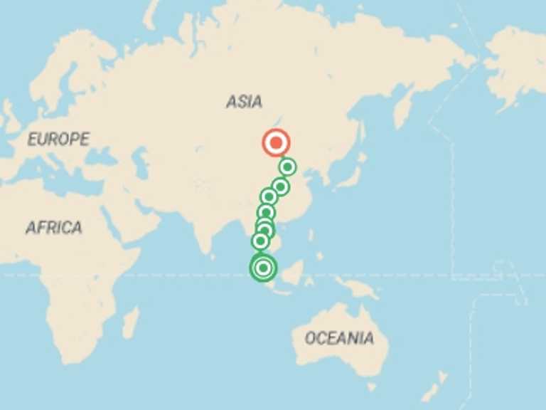 Map of Asia Tour with 12 destination visits for the trip: Trans Mongolian Railway Adventure 