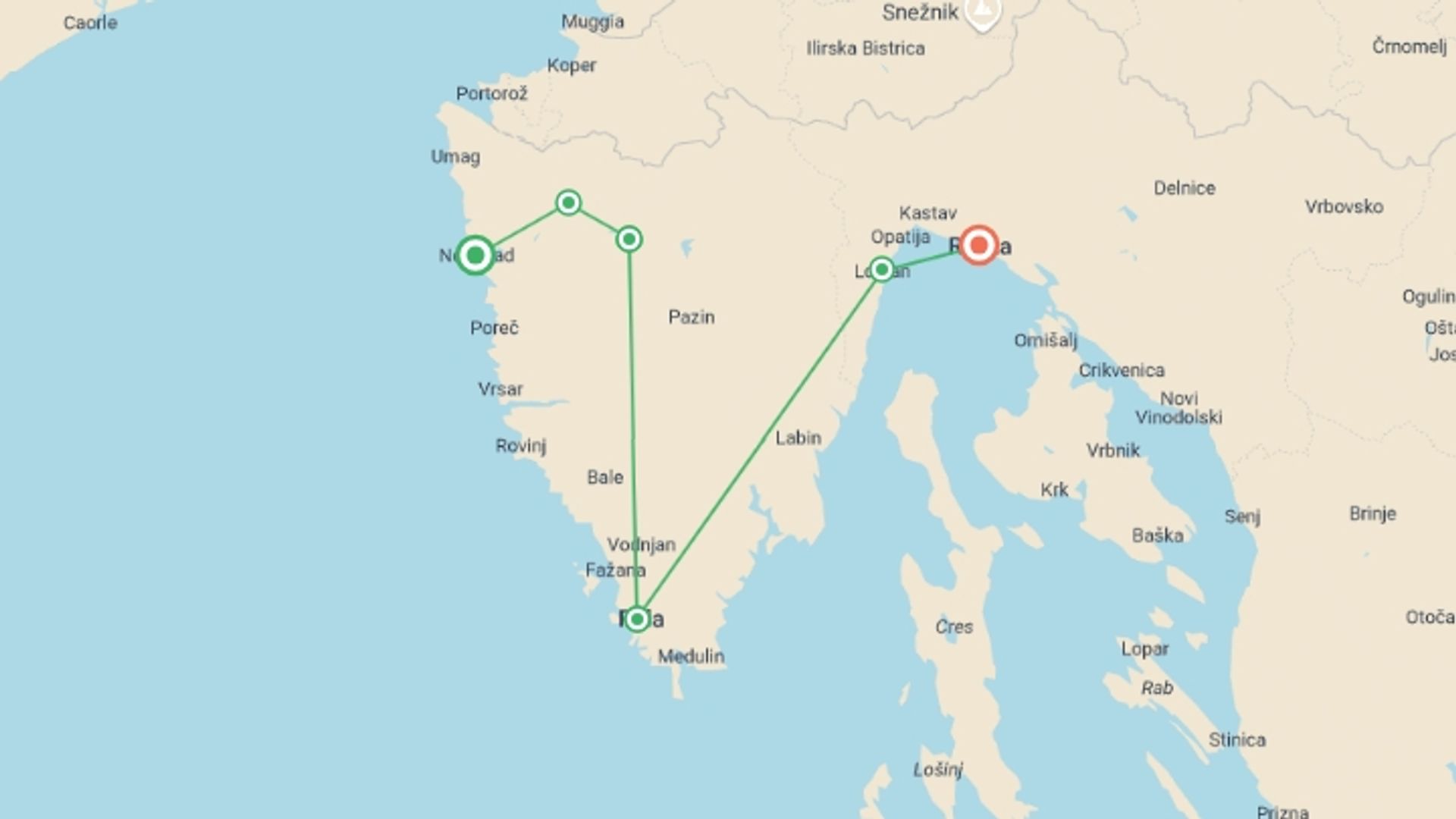 A map showing the tour itinerary for the trip: Istria on Foot, starting in Novigrad, Croatia and ending in Rijeka, Croatia going through 4 other destinations.