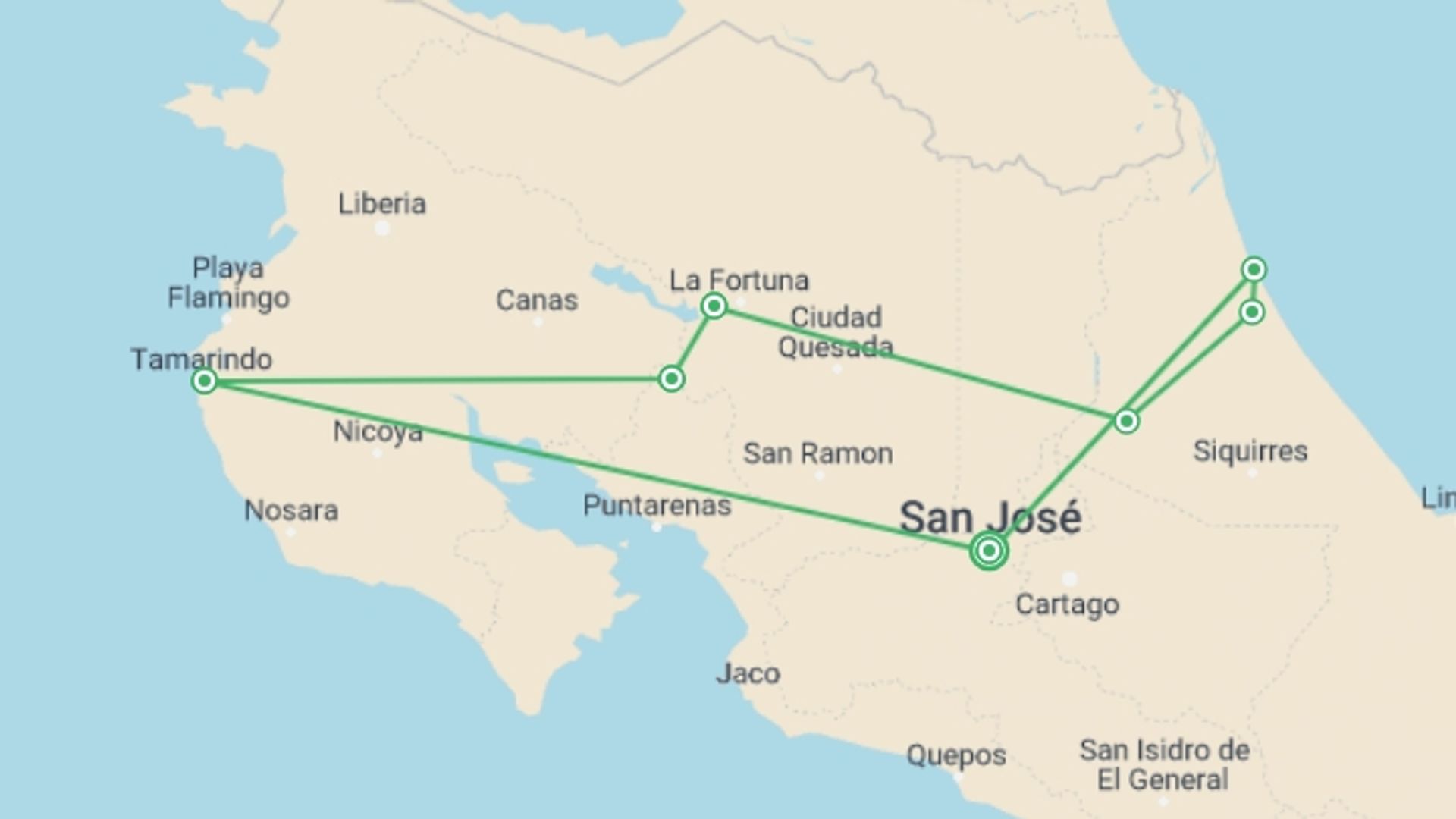 A map showing the tour itinerary for the trip: Supersaver | Discovering Costa Rica, 14 Days, starting in San Jose, Costa Rica and ending in San Jose, Costa Rica going through 6 other destinations.