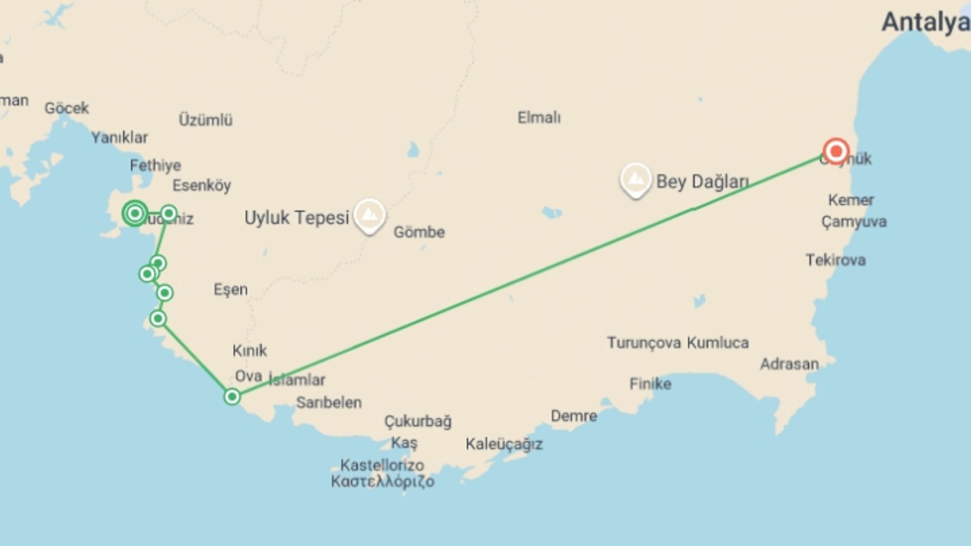A map showing the tour itinerary for the trip: Lycian Way West, starting in Kayakoy, turkey and ending in Lycian Way, Turkey going through 7 other destinations.