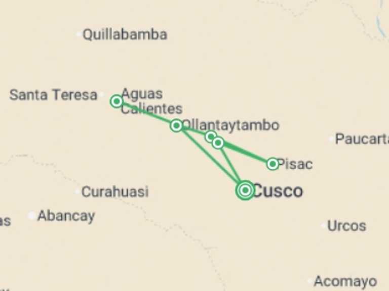 Map of 2-Day Peru Tour with 4 destination visits for the trip: Sacred Valley Train to Machu Picchu 2D/1N