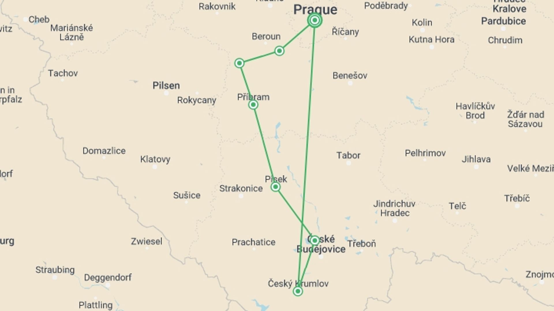 A map showing the tour itinerary for the trip: Czech Castles Cycle, starting in Prague, Czech Republic and ending in Prague, Czech Republic going through 6 other destinations.