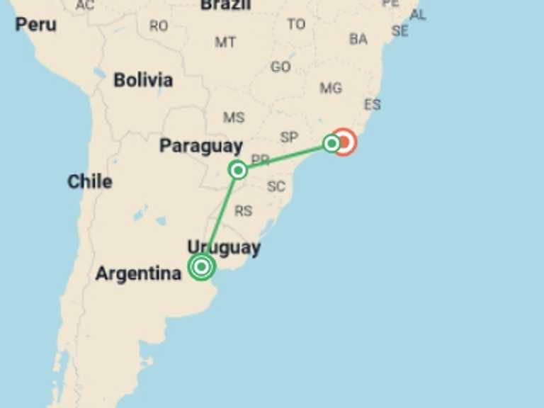Map itinerary of South America Tour in September 2026 with 7 destination visits for the trip: 12 Day Argentina & Brazil