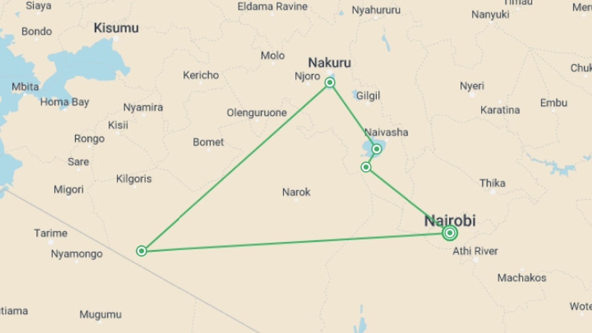 A map showing the tour itinerary for the trip: Hell's Gate, Naivasha, Nakuru and Maasai Mara Safari, starting in Nairobi, Kenya and ending in Nairobi, Kenya going through 4 other destinations.