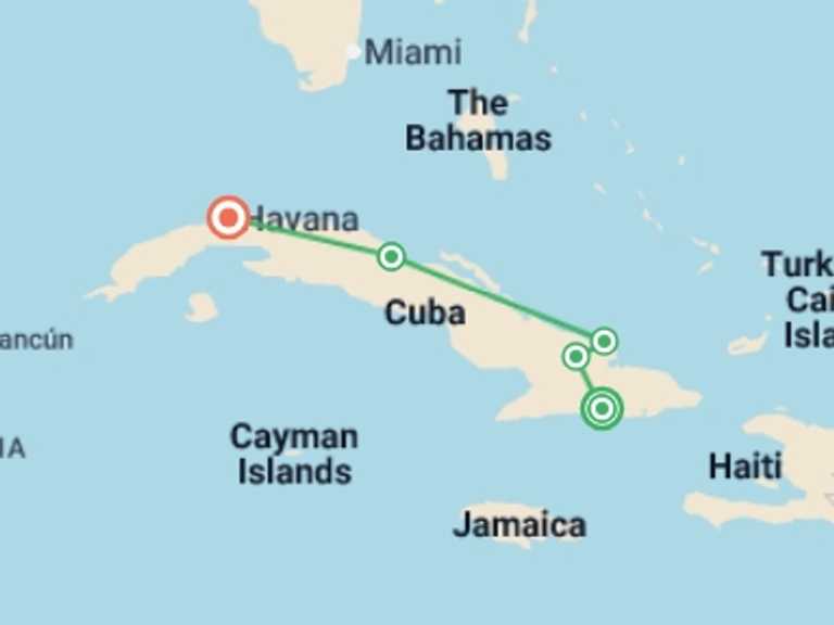 Map of Havana Cultural, religious and historic sites Tour with 4 destination visits for the trip: Essential Cuba