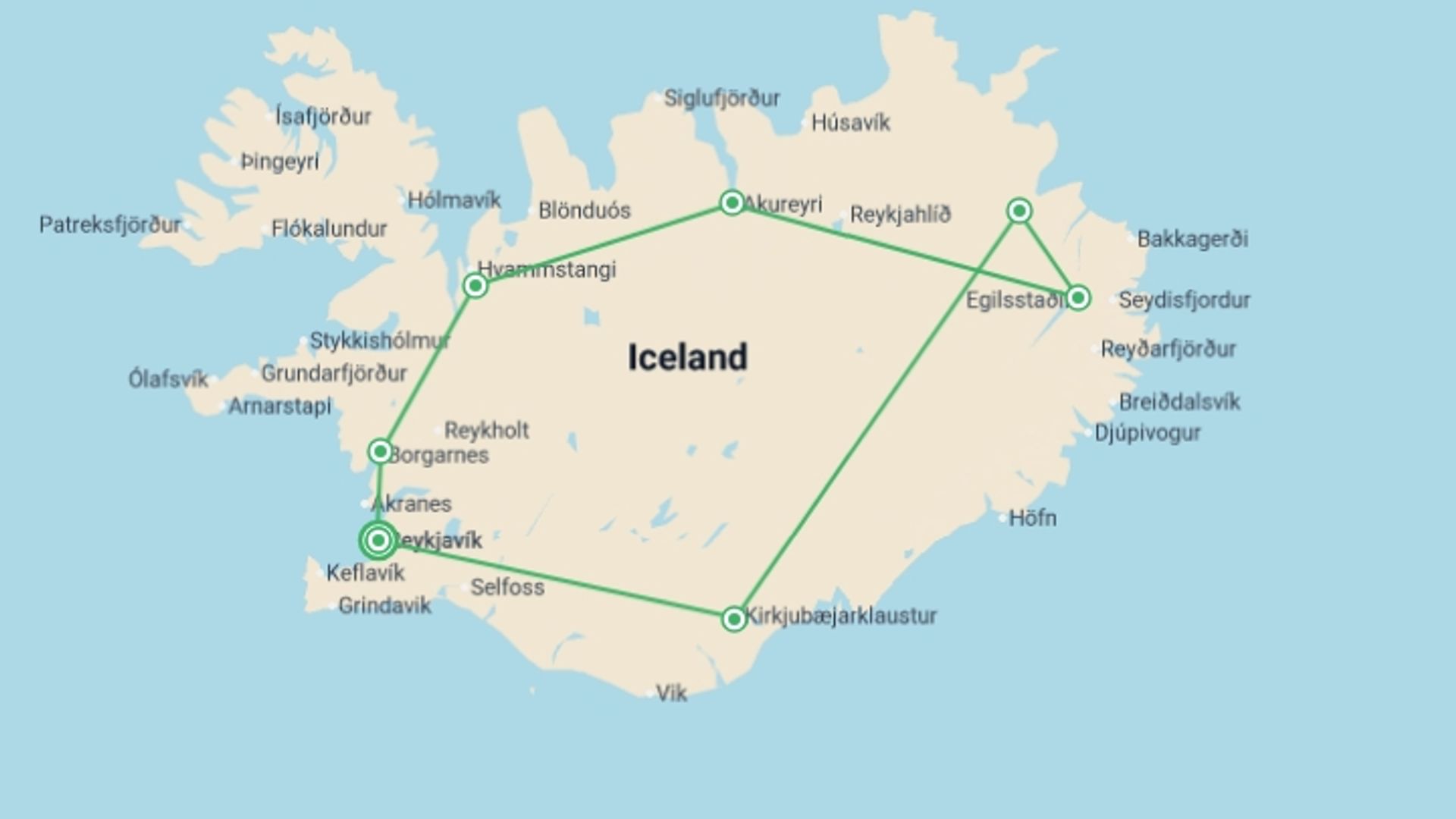 A map showing the tour itinerary for the trip: Classic Iceland Highlights - 8 days, starting in Reykjavik, Iceland and ending in Reykjavik, Iceland going through 6 other destinations.