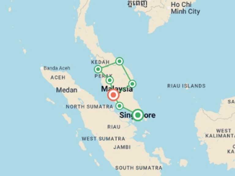 Map itinerary of South East Asia Tour in August 2026 with 7 destination visits for the trip: Highlights of Malaysia - 10 days