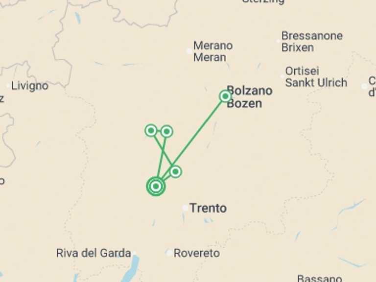 Map itinerary of Italy Tour in June 2026 with 2 destination visits for the trip: Dolomites by Train - 8 days