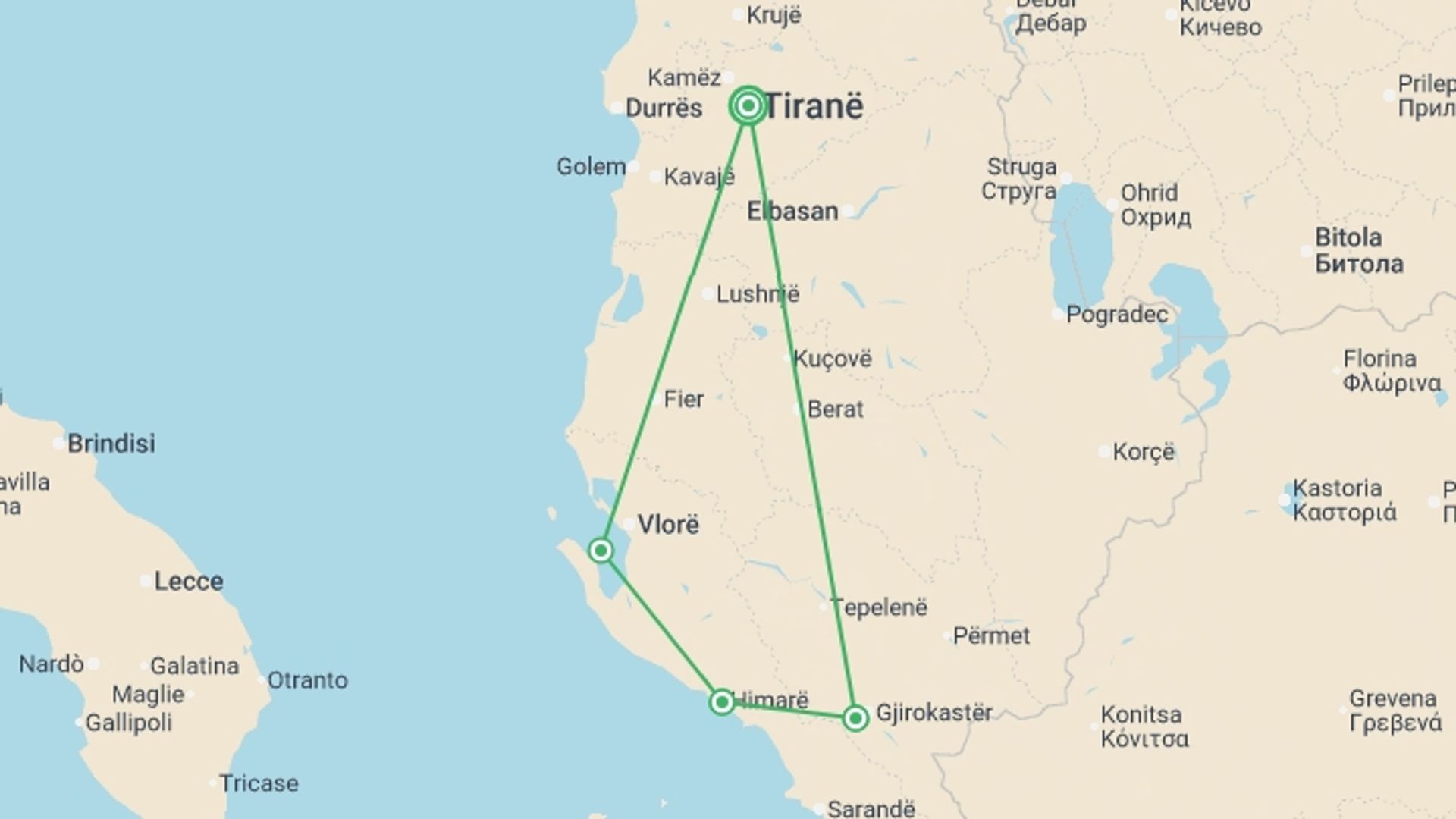 A map showing the tour itinerary for the trip: Family Albania Adventure, starting in Tirana, Albania and ending in Tirana, Albania going through 3 other destinations.