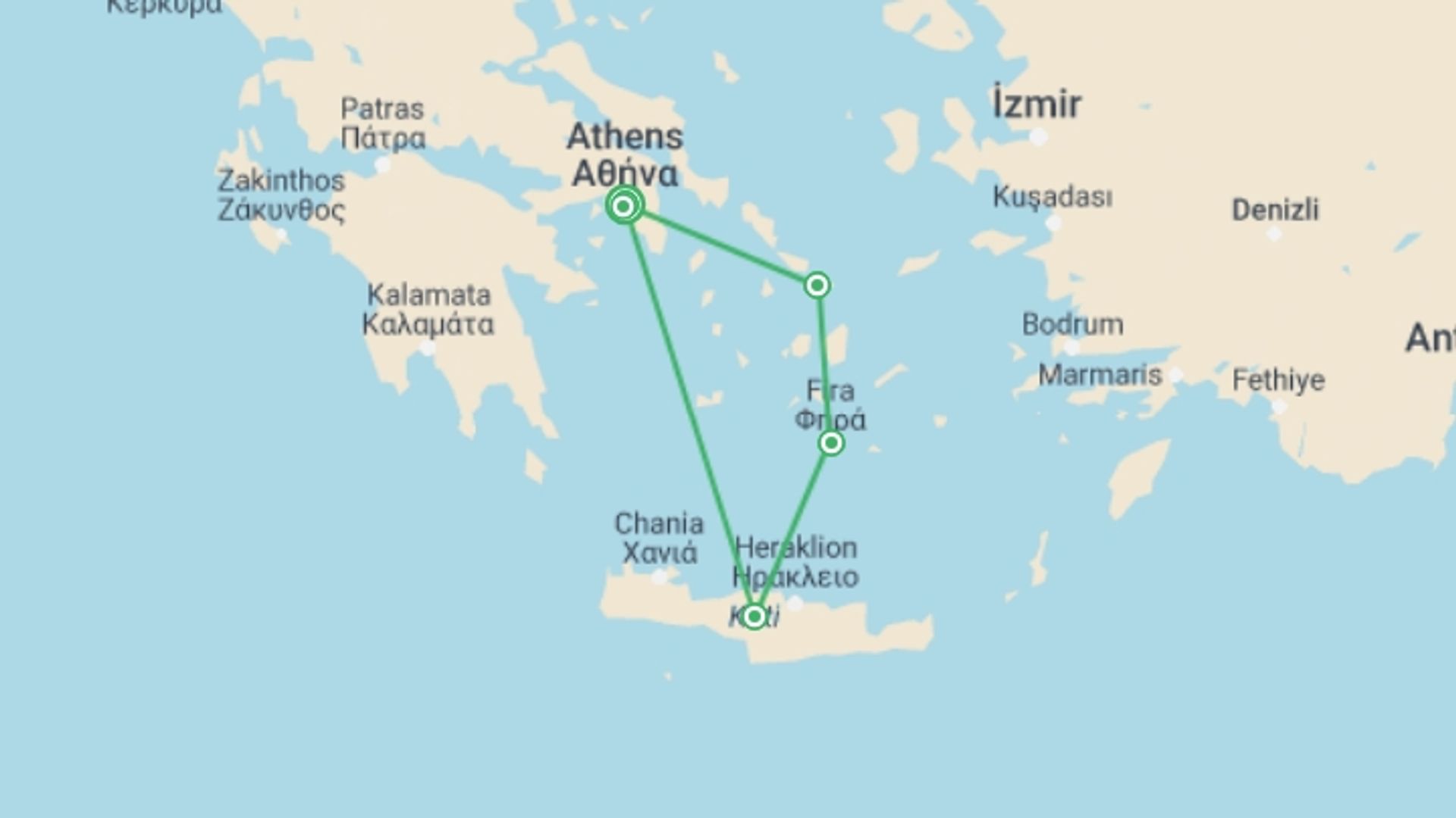 A map showing the tour itinerary for the trip: Greek Isles Adventure with Crete, starting in Athens, Greece and ending in Athens, Greece going through 3 other destinations.