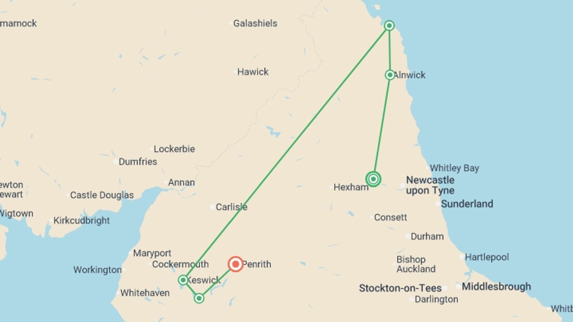 A map showing the tour itinerary for the trip: Hike Hadrian's Wall and the Lake District, starting in Newcastle, England and ending in Eden Valley, England going through 5 other destinations.
