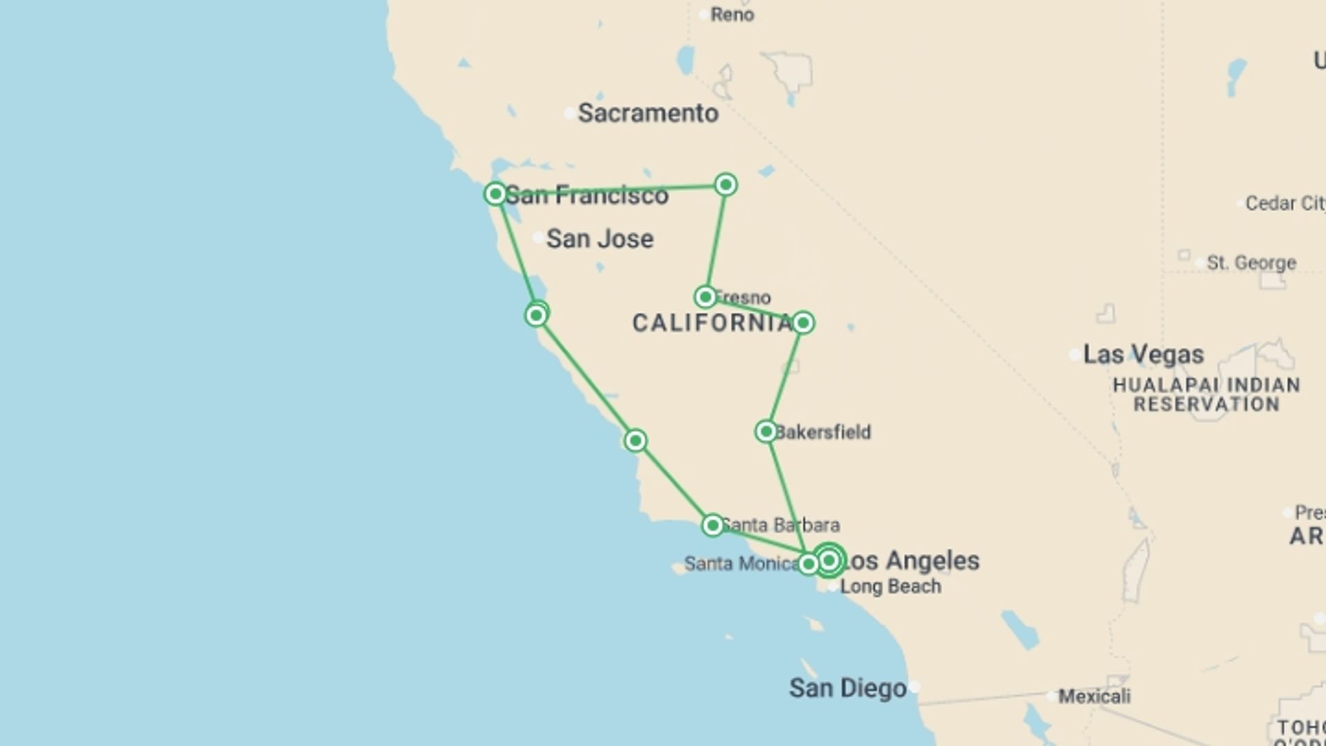 A map showing the tour itinerary for the trip: Fascinating West, starting in Los Angeles, USA and ending in Los Angeles, USA going through 4 other destinations.