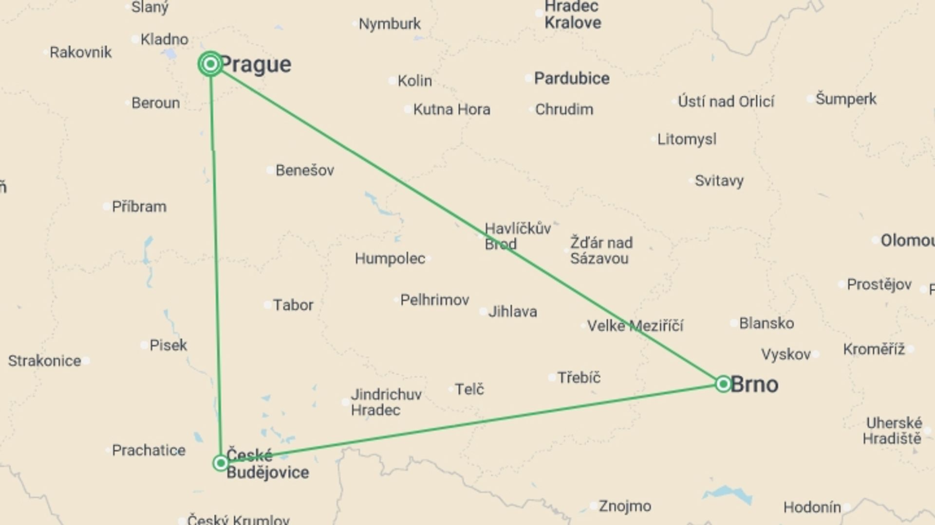 A map showing the tour itinerary for the trip: Bohemia and Moravia, starting in Prague, Czech Republic and ending in Prague, Czech Republic going through 2 other destinations.