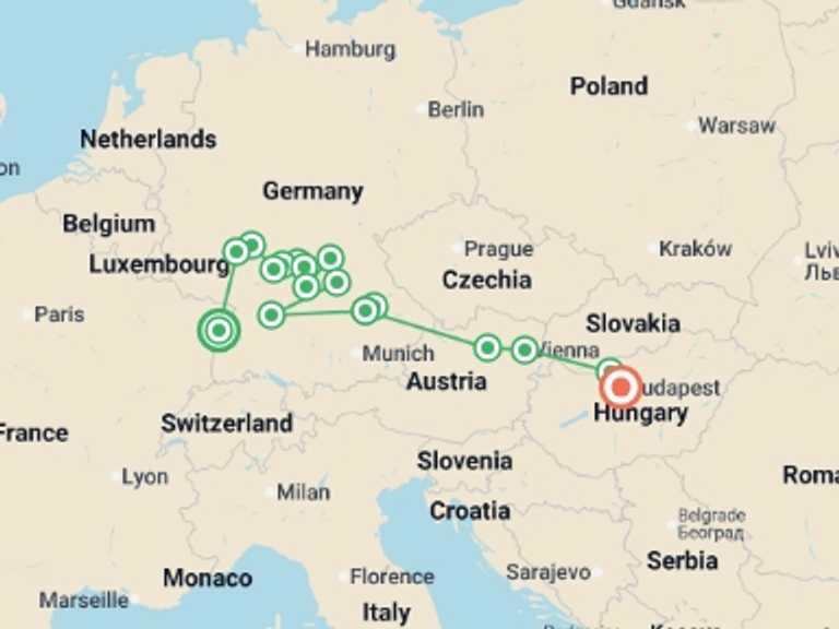 Map of Europe Tour with 11 destination visits for the trip: Trans-European cruise from Strasbourg to Budapest (port-to-port cruise)