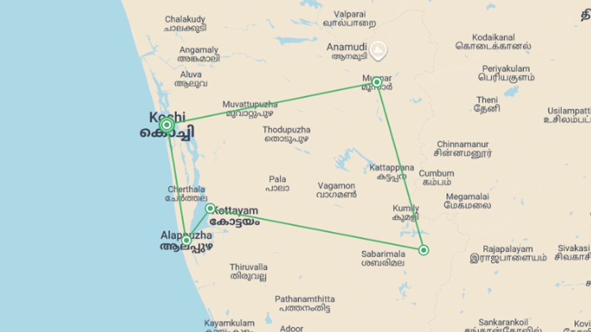 A map showing the tour itinerary for the trip: Kochi & Kerala Loop (4 Star) - 8 days, starting in Kochi, India and ending in Kochi, India going through 5 other destinations.