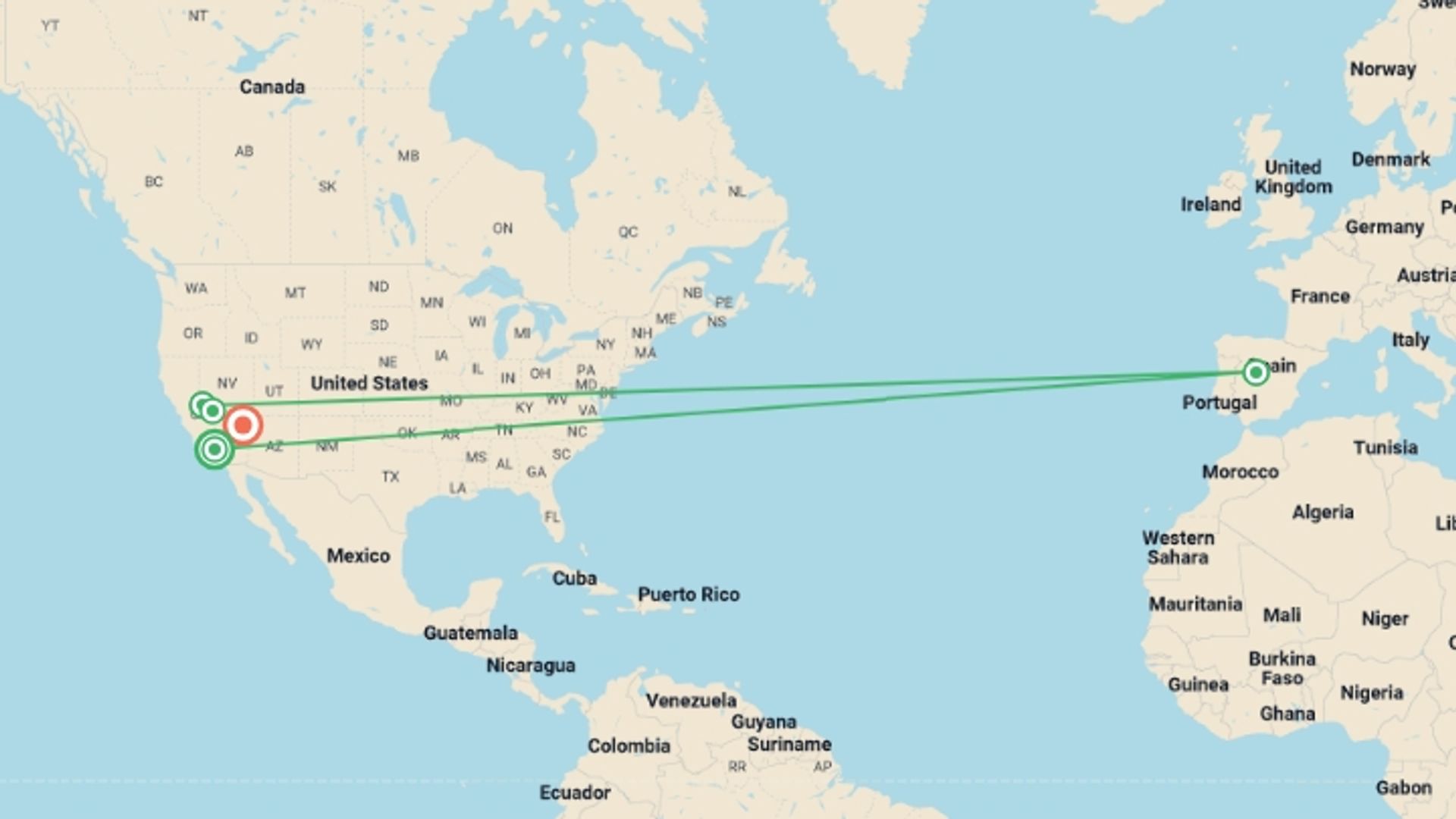 A map showing the tour itinerary for the trip: California Dreaming: Yosemite, Death Valley & Coastal Camping, starting in Los Angeles, USA and ending in Las Vegas, USA going through 3 other destinations.