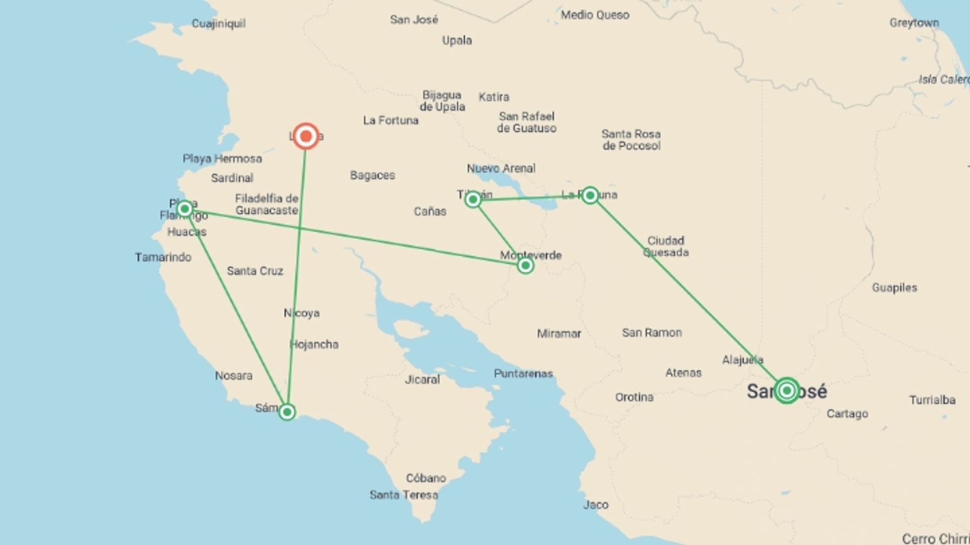 A map showing the tour itinerary for the trip: Costa Rica Active Escape, starting in San Jose, Costa Rica and ending in Liberia Airport, Liberia Airport going through 6 other destinations.