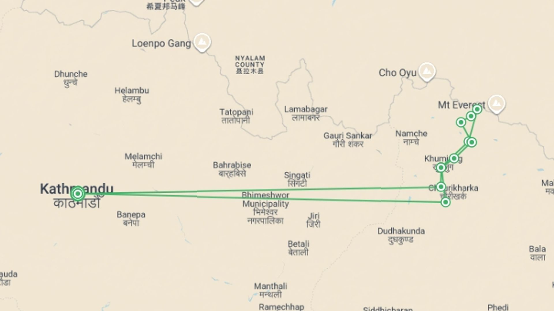 A map showing the tour itinerary for the trip: Everest Base Camp Trek - 15 days, starting in Kathmandu, Nepal and ending in Kathmandu, Nepal going through 8 other destinations.