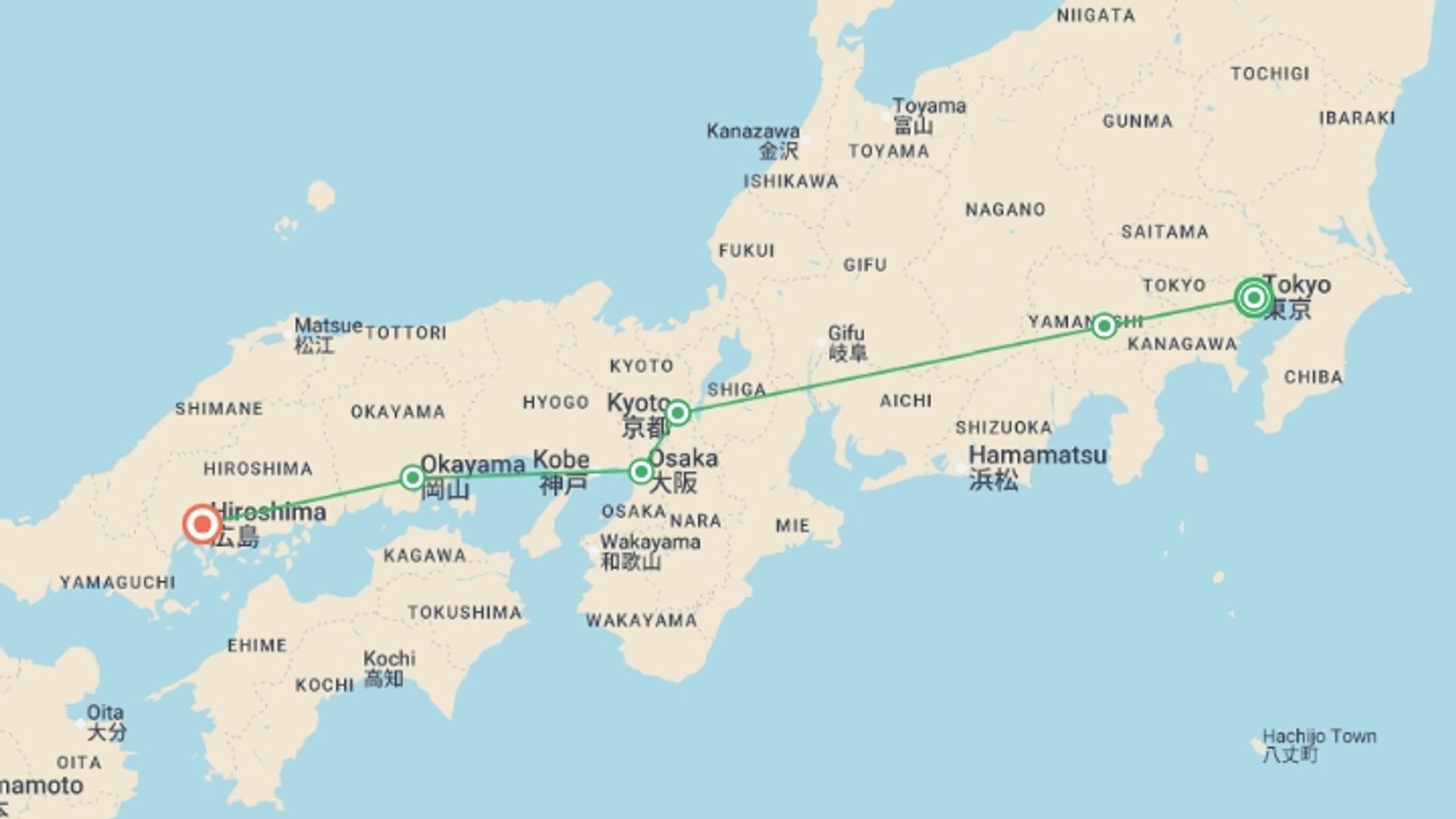 A map showing the tour itinerary for the trip: Contrasts of Japan GO, starting in Tokyo, Japan and ending in Hiroshima, Japan going through 4 other destinations.