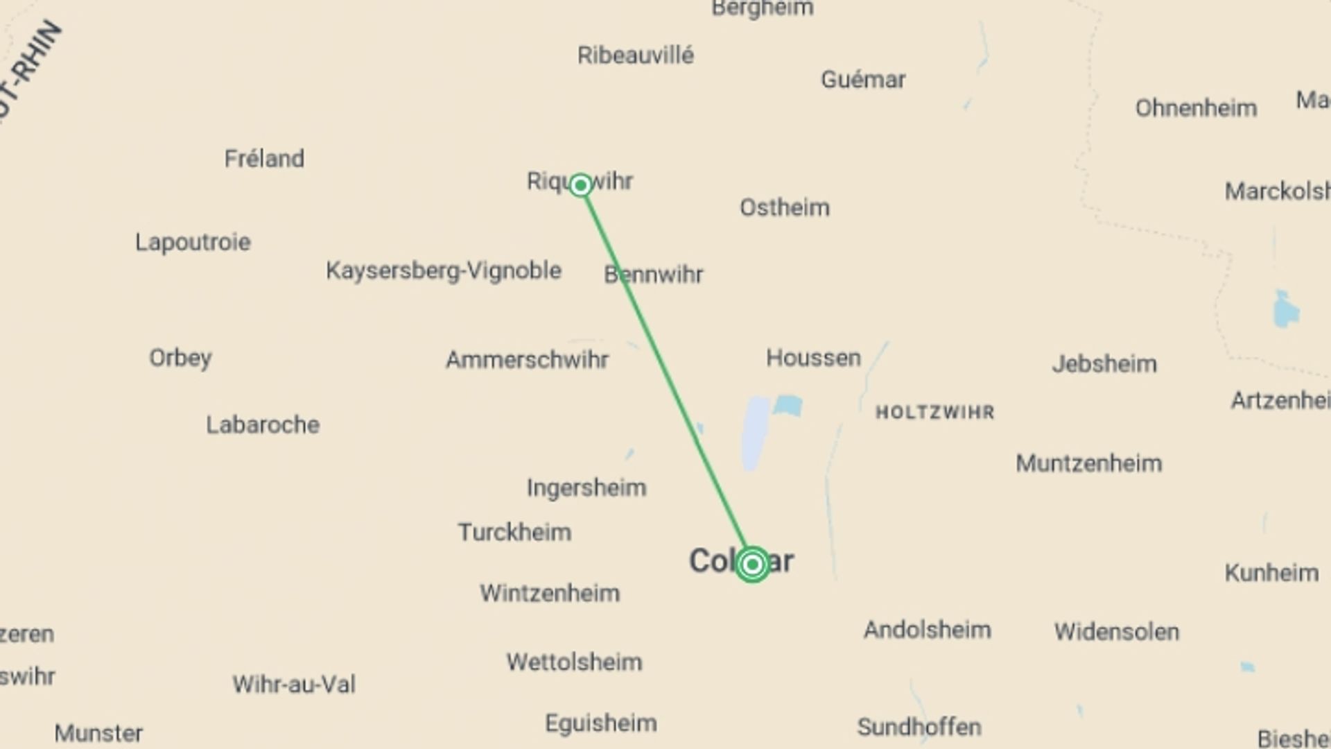 A map showing the tour itinerary for the trip: Enchanting Christmas Markets along Alsatian Canals (port-to-port cruise), starting in Alsace & Lorraine, France and ending in Alsace & Lorraine, France going through 3 other destinations.