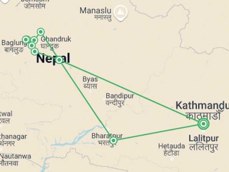 Map of a Wildlife safaris and game drives Tour with 7 destination visits for the trip: Explore Nepal