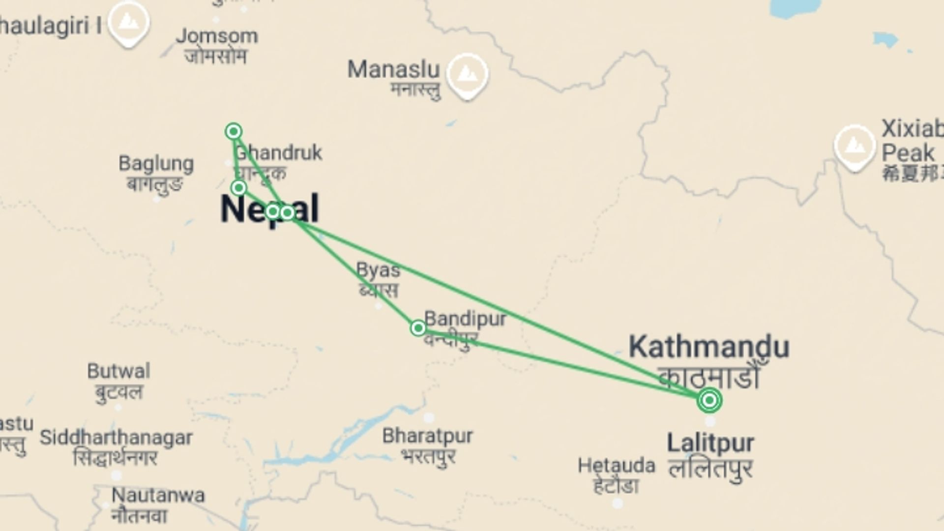 A map showing the tour itinerary for the trip: Nepal Panorama Tour, starting in Kathmandu, Nepal and ending in Kathmandu, Nepal going through 6 other destinations.
