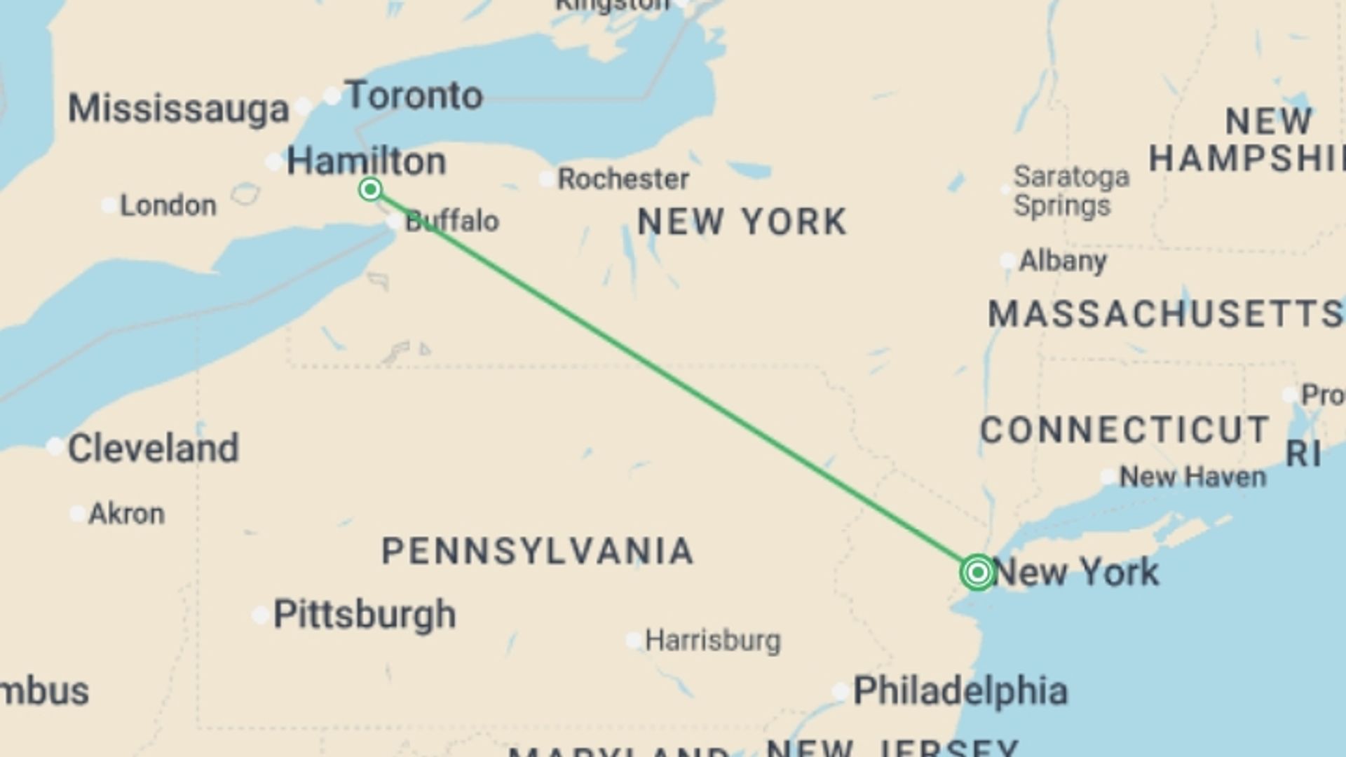 A map showing the tour itinerary for the trip: Niagara Falls Overnight Adventure - 2 days, starting in New York, USA and ending in New York, USA going through 1 other destinations.