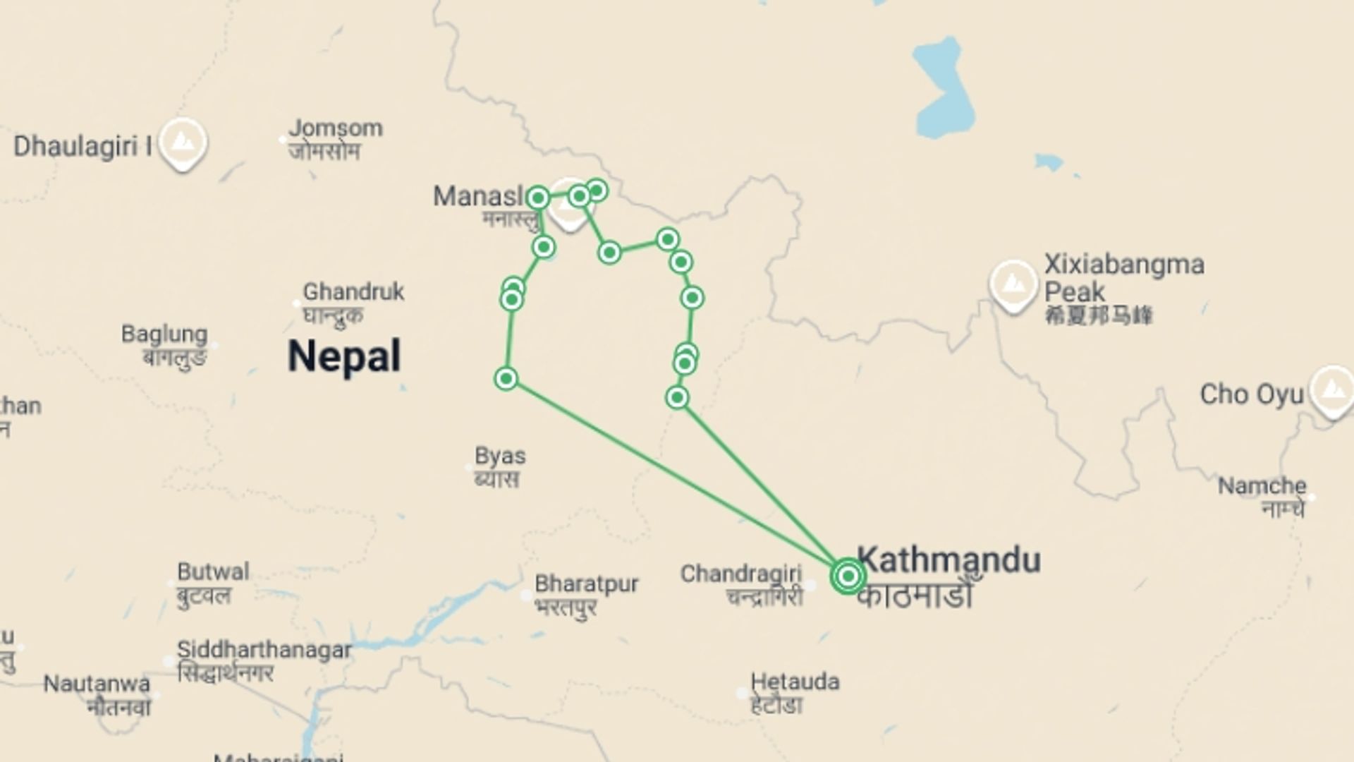 A map showing the tour itinerary for the trip: Manaslu Circuit Trek, starting in Kathmandu, Nepal and ending in Kathmandu, Nepal going through 13 other destinations.