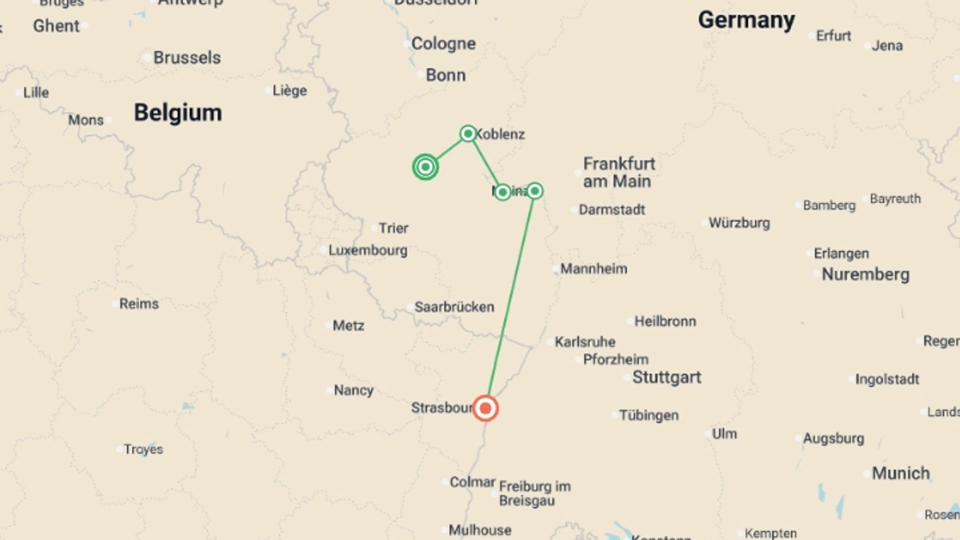 A map showing the tour itinerary for the trip: The Rhine & Moselle, starting in Cochem, Germany and ending in Strasbourg, France going through 3 other destinations.