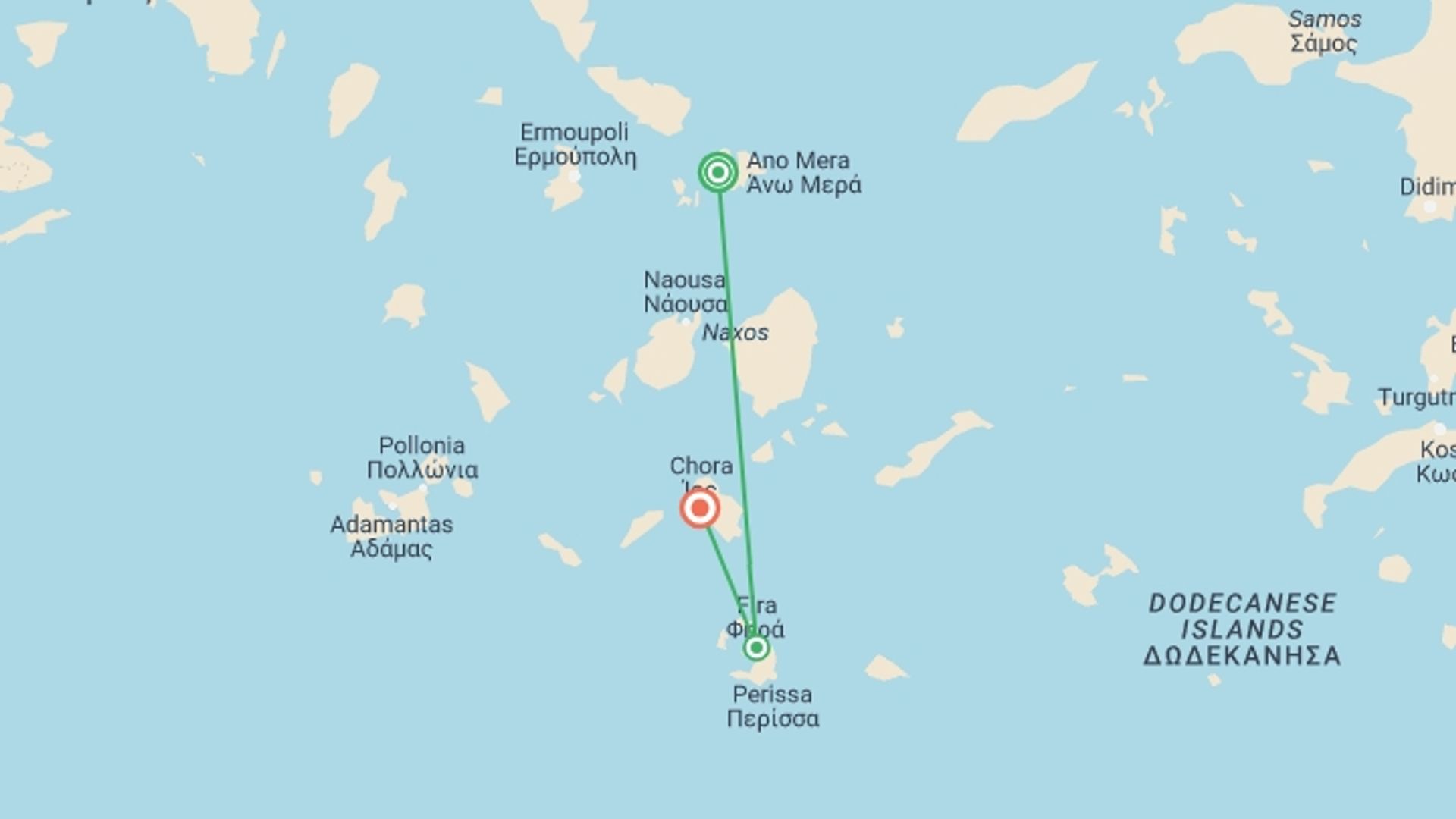 A map showing the tour itinerary for the trip: 3 Island Explorer, starting in Mykonos, Greece and ending in Ios, Greece going through 1 other destinations.