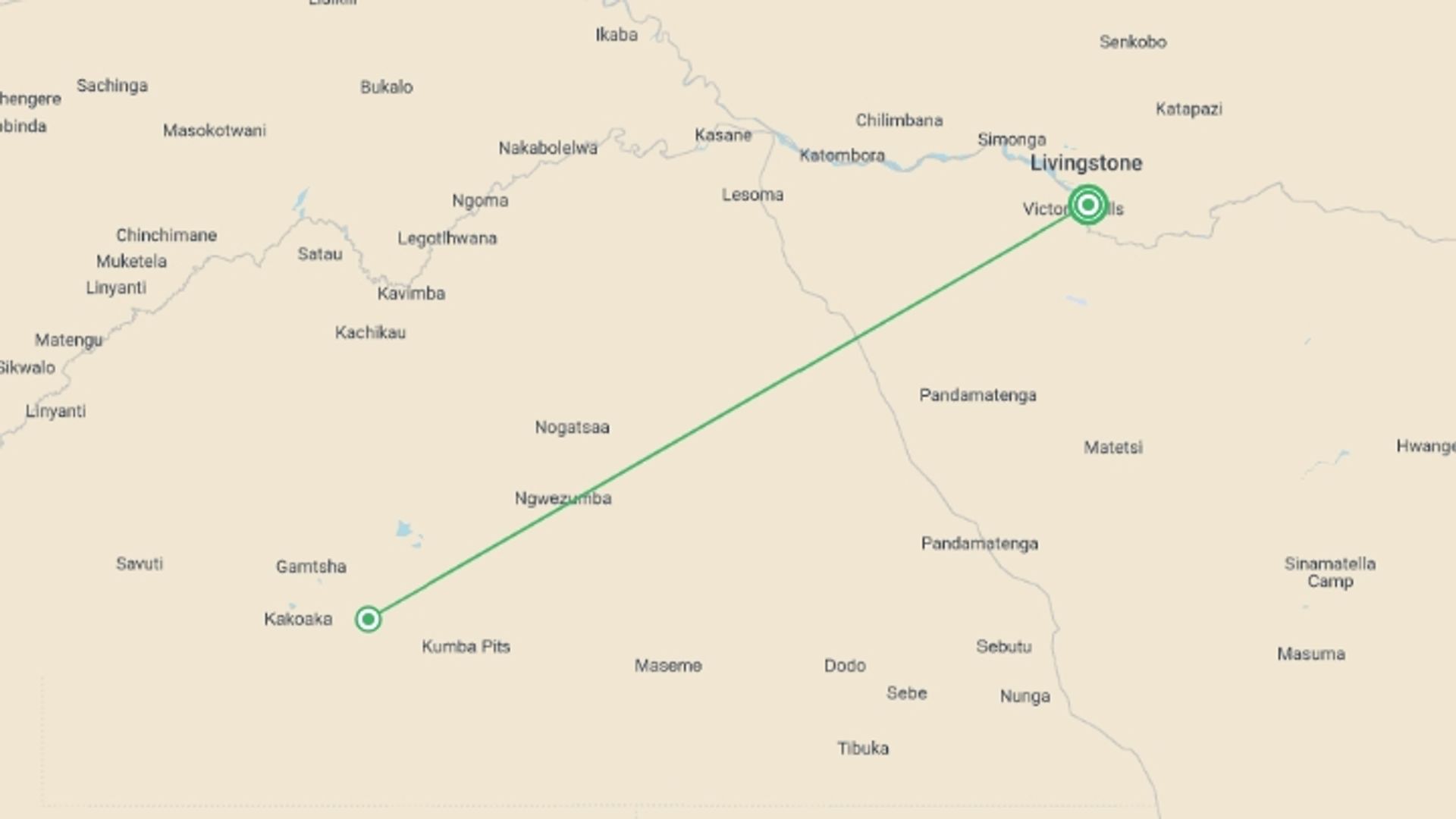 A map showing the tour itinerary for the trip: Victoria Falls & Chobe - 4 days, starting in Victoria Falls, Zimbabwe and ending in Victoria Falls, Zimbabwe going through 0 other destinations.