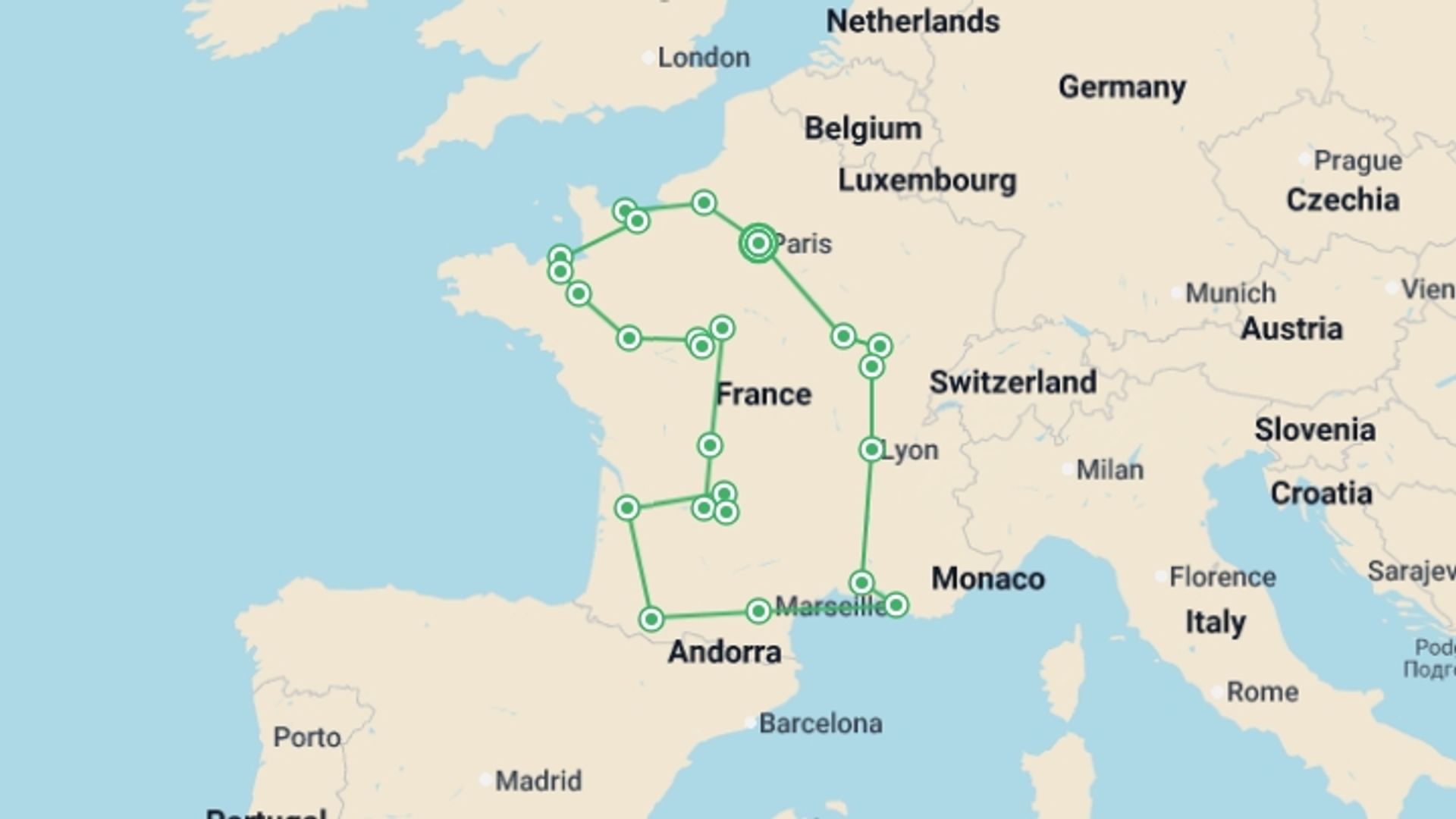 A map showing the tour itinerary for the trip: Explore your France, starting in Paris, France and ending in Paris, France going through 10 other destinations.