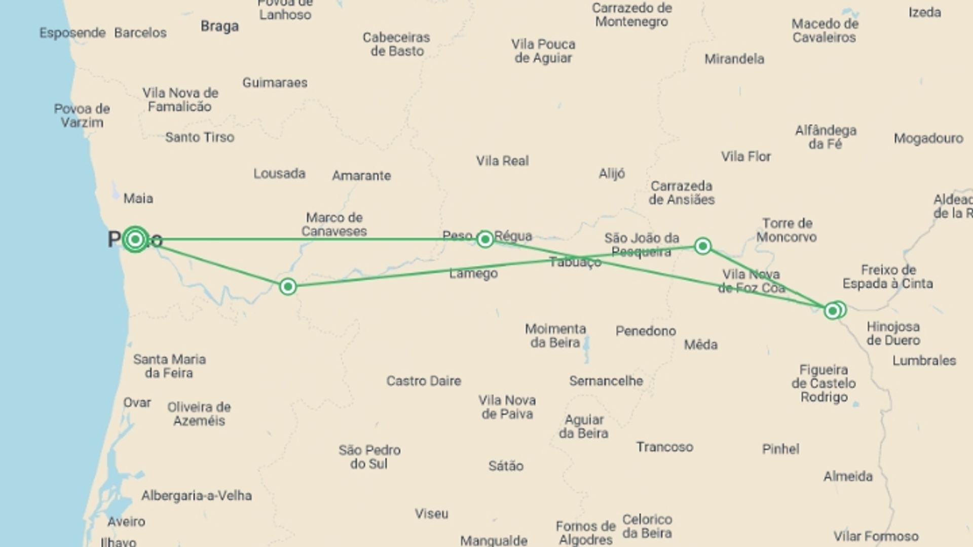 A map showing the tour itinerary for the trip: Cruise and Hikes in The Douro Valley, A Nature Lover's Dream (port-to-port cruise), starting in Porto, Portugal and ending in Porto, Portugal going through 6 other destinations.