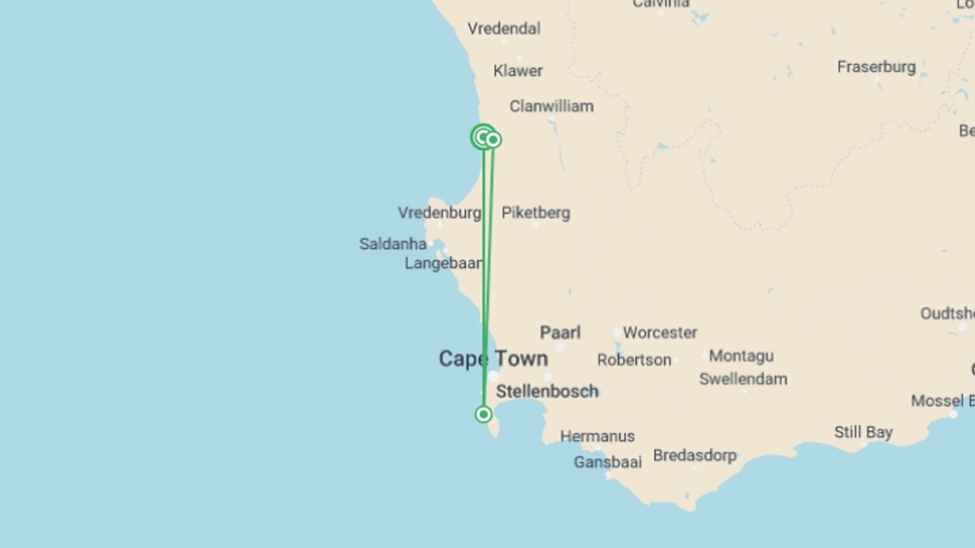 A map showing the tour itinerary for the trip: Slackpacking trail: Elands Bay Route, starting in Elands Bay, South Africa and ending in Elands Bay, South Africa going through 2 other destinations.